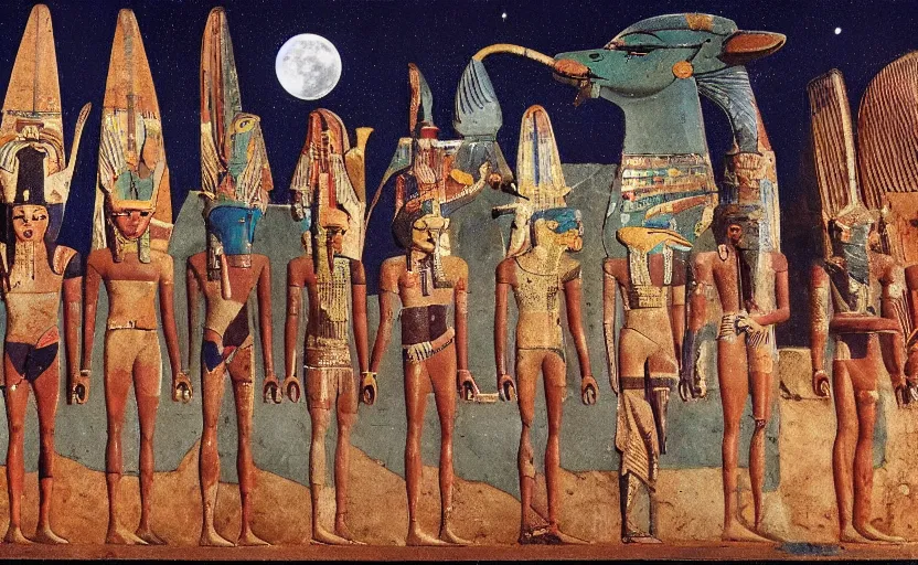 Image similar to a 1 9 5 0's technicolor cinematic scene of egyptian gods with animal heads, having a ceremony in a moonlit temple in karnak