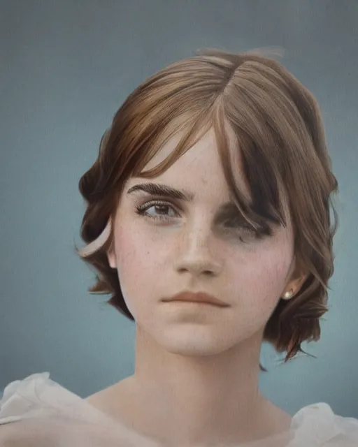 Prompt: emma watson portrait, soft diffused light, bjork aesthetic, translucent, by rineke dijkstra, intricate details, highly detailed, masterpiece,