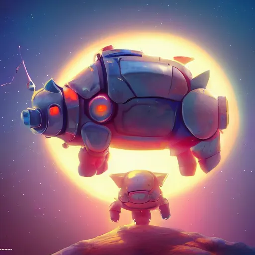 Image similar to 3D Fantasy Cute and adorable mecha piggy floating in space, bright stars, Smooth 3D Illustration, soft render, Servando Lupini, Daniil Kudriavtsev, handpaint texture, Blender, 3DCoat