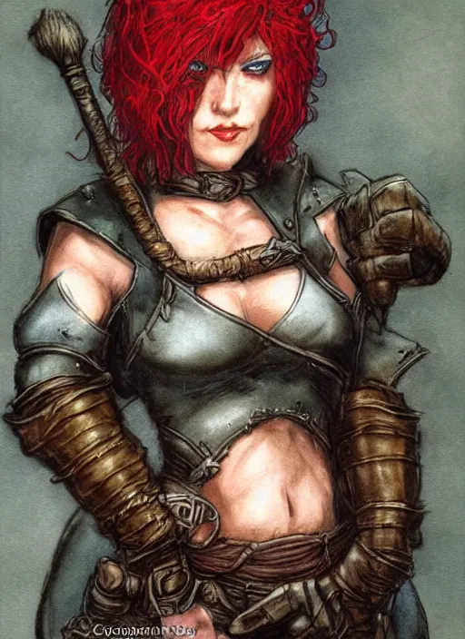 Image similar to portrait of strong female rogue, beautiful! coherent! dungeons and dragons character, by brian froud, strong line, night color, leather armor, short red hair, high contrast