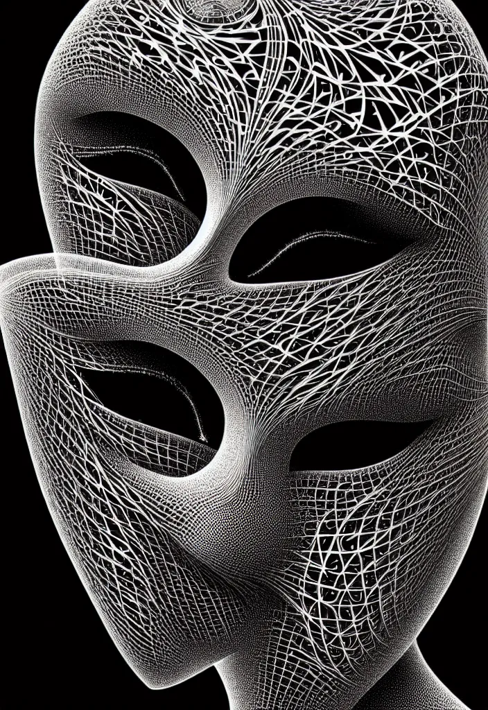 Image similar to young beautiful woman with a partially face covering mask. fractal, mandelbulb, scribble art. black and white, black on black. intricate, elegant, super highly detailed, professional digital painting, smooth, 8k, 3D, beautiful, cinematic. art deco, art nouveau.