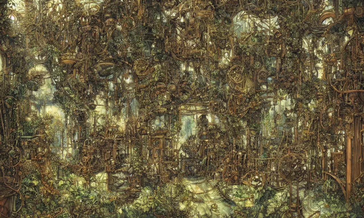 Prompt: Inside a steampunk machine room with lush vegetation growing around the achines, tropical trees, large leaves, flowers, very detailed painting, by Rebecca Guay