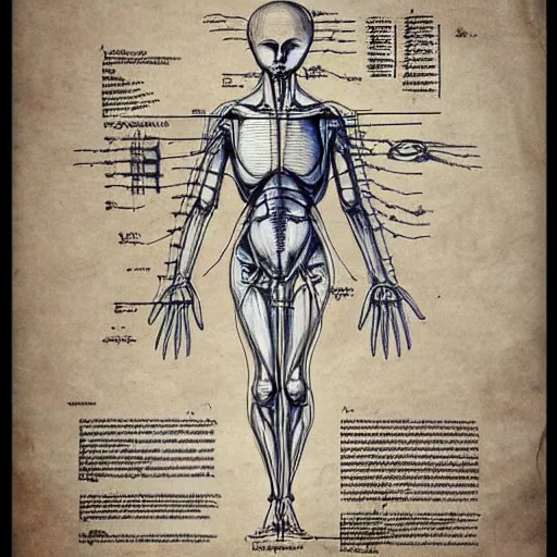 Prompt: da vinci's scientific schematics instructions whole body anatomy of alien 👽, blueprint, hyperdetailed, lots of comments, handwriting, vector technical documents, callouts, archviz, legend, patent registry