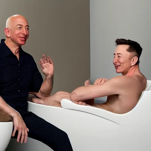 Prompt: jeff bezos and elon musk bathing together in beans