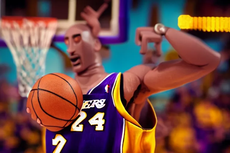 Image similar to cinematic screenshot portrait of a stop motion claymation film about a wacky adventure starring kobe bryant, shallow depth of field, 1 8 mm, f 1. 8