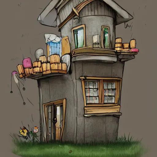 Image similar to quaint colourful nail house wedged between a two tall Gray concrete buildings, whimsical, artstation