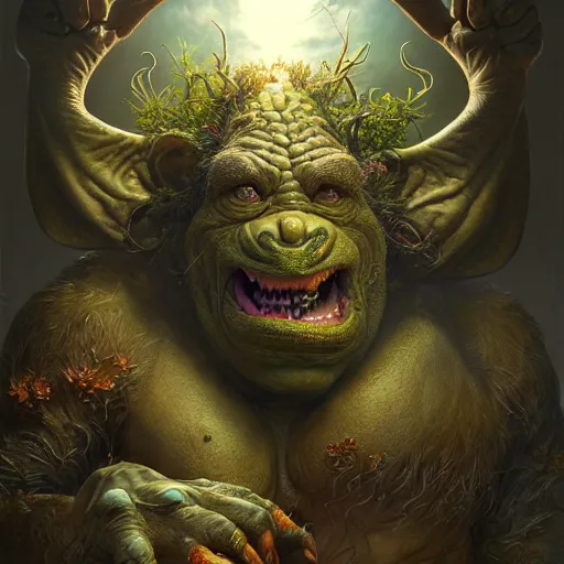 Image similar to a hyperrealistic illustration of a mix of an oger and giant and goblin, 8 k ultra realistic creature, detailed intricate, with fractal sunlight, award - winning, masterpiece, in the style of tom bagshaw, cedric peyravernay, peter mohrbacher