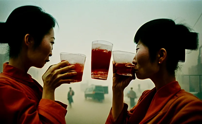 Prompt: cinestill 5 0 d candid photographic portrait by helen levitt of a two android women sharing a drink in futuristic china, extreme closeup, modern cyberpunk, minimalism, dust storm, 8 k, hd, high resolution, 3 5 mm, f / 3 2, ultra realistic faces, intricate detail, ex machina