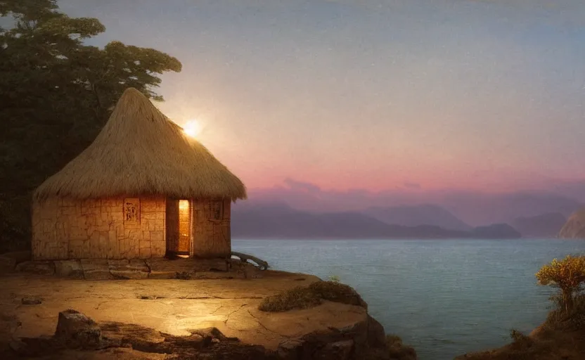 Prompt: small ancient times hut overlooking the ocean, close up shot, at dusk, distant mountains, 4k, rule of thirds, extreme detail, hazy water, intricate ink illustration, trending on artstation, cgsociety, hd, calm, complimentary colours, realistic lighting, by Albert Bierstadt, Frederic Edwin Church.