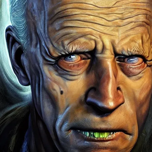 Image similar to hyperrealistic mixed media high resolution painting of Joe Biden Gollum skulking in a dark cave, stunning 3d render inspired art by Jamie Salmon and István Sándorfi and Unreal Engine and Greg Rutkowski, perfect facial symmetry, realistic flesh, dim volumetric lighting, 8k octane beautifully detailed render, full body shot, post-processing, extremely hyper-detailed, intricate, epic composition, highly detailed attributes, highly detailed atmosphere, cinematic lighting, masterpiece, trending on artstation, very very detailed, masterpiece, stunning, flawless completion, lifelike texture, perfection,