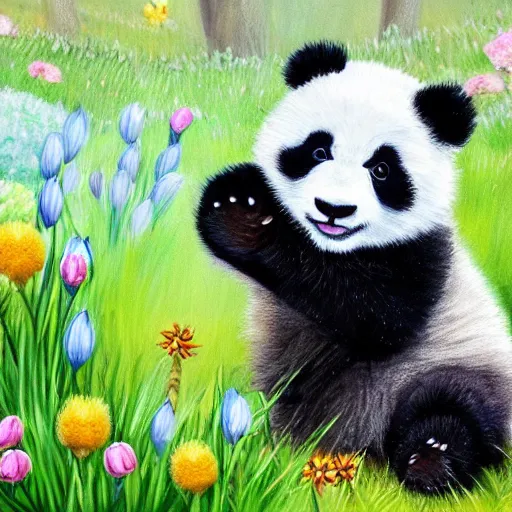 Prompt: cute fluffy baby panda cub sitting in spring meadow landscape with flowers detailed painting 4K