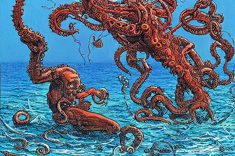 Image similar to a poseidon - android fighting with kraken, artwork by jean giraud