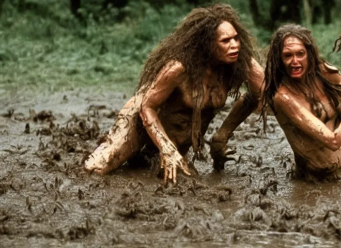 Image similar to 2 cavewomen mud wrestling t, movie still, from the movie quest for fire, 8 k, realistic