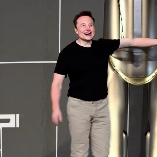 Prompt: elon musk standing and smiling in a headless robot costume. ai day