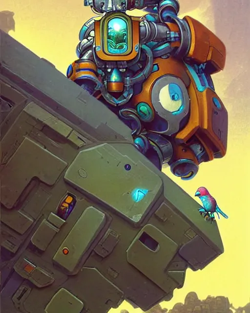 Image similar to bastion the friendly robot from overwatch, with his pet bird, character portrait, portrait, close up, concept art, intricate details, highly detailed, vintage sci - fi poster, retro future, in the style of chris foss, rodger dean, moebius, michael whelan, katsuhiro otomo, and gustave dore