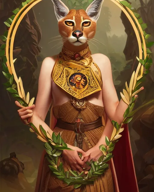 Image similar to a caracal wearing laurel wreath and a toga, photography of kurzgesagt, deep focus, d & d, intricate, elegant, highly detailed, digital painting, artstation, concept art, matte, sharp focus, illustration, hearthstone, art by artgerm and greg rutkowski and alphonse mucha