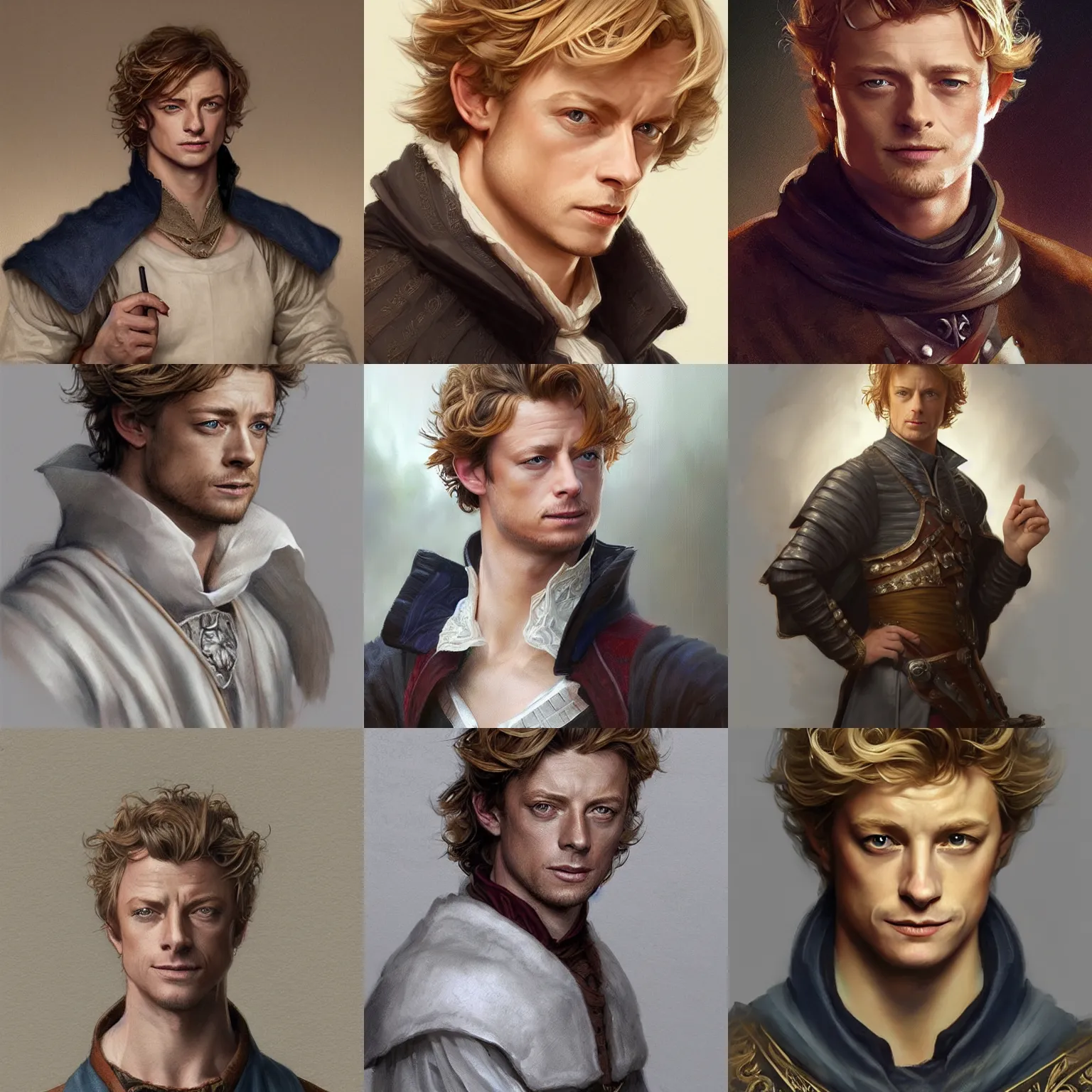 Prompt: a young man wearing a doublet, sly expression, blonde, young simon baker, D&D, fantasy, portrait, highly detailed, digital painting, artstation, concept art, sharp focus, illustration, art by artgerm and greg rutkowski and alphonse mucha