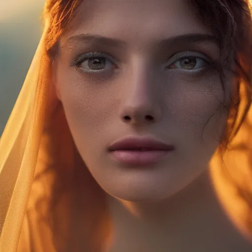 Image similar to closeup portrait of a stunningly beautiful female, silk veil at sunset, fashion photoshoot, by edward robert hughes, annie leibovitz and steve mccurry, david lazar, jimmy nelsson, breathtaking, 8 k resolution, extremely detailed, beautiful, establishing shot, artistic, hyperrealistic, beautiful face, octane render