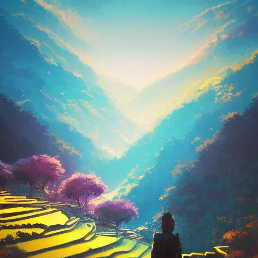 Image similar to beautiful scenery of rice terraces, by anato finnstark, by alena aenami, by john harris, by ross tran, by wlop, by andreas rocha