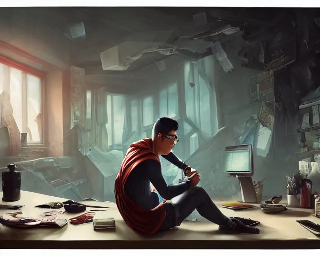 Image similar to an insanely detailed painting of a nerdy asian man wearing a superhero costume, sitting at a desk, staring at the nervously at the computer and typing, in the style of peter mohrbacher, dramatic lighting and composition, octane render, pixar, trending on artstation, concept art, comic book, view from behind