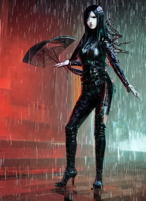 Image similar to An epic fantasy comic book style full body portrait painting of a very beautiful Industrial goth Trent Reznor walking in the rain, neon reflections in the rain puddles, character design by Mark Ryden and Pixar and Hayao Miyazaki, unreal 5, DAZ, hyperrealistic, octane render, cosplay, RPG portrait, dynamic lighting, intricate detail, cinematic