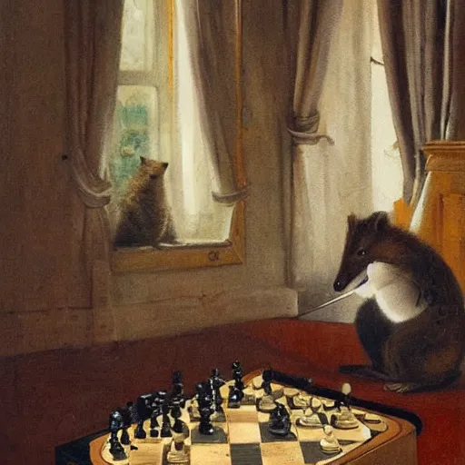 Prompt: a quokka playing chess inside a cozy victorian living room, in the style of anders zorn