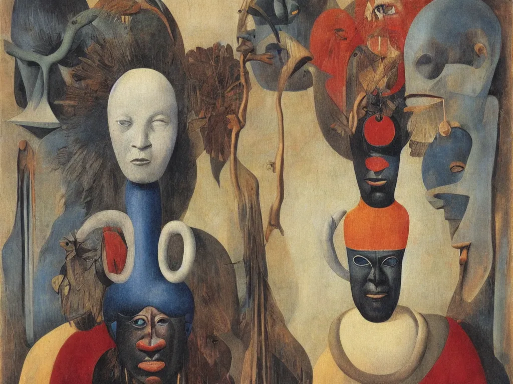 Image similar to Portrait of albino mystic with blue eyes, with wooden old shamanic totemic African archaic mask, sculpture. Painting by Bosch, Audubon, Rene Magritte, Agnes Pelton, Max Ernst, Walton Ford