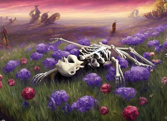 Prompt: a knight's skeleton killed long ago lays in a vast flower field in the cosmic sky by vladimir volegov and alexander averin and peder mørk mønsted and ross tran and raphael lacoste