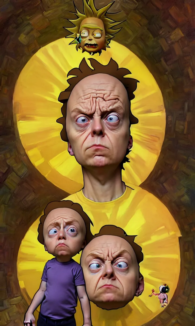 Image similar to hyper realistic portrait of an very young 1 2 yr dumb roundheaded round head morty, from rick and morty, worried, yellow t - shirt, portal in the background, by lee bermejo, alphonse mucha and greg rutkowski