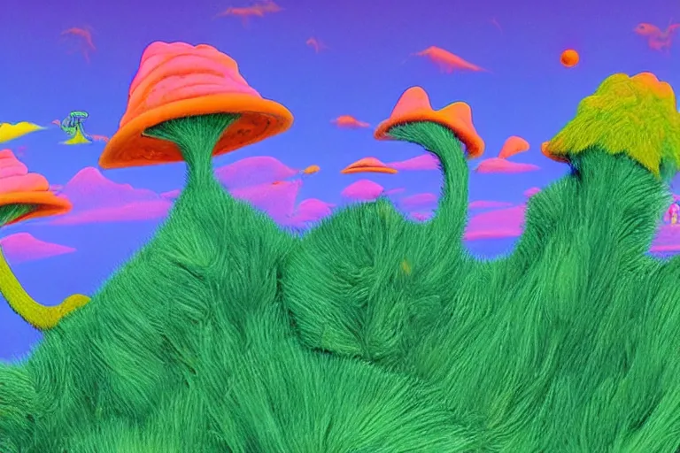 Prompt: vhs footage of a colorful alien world, with absurd looking mountains and terrain, green grass, and colorful fuzzy creatures roaming around and flying in it, and lots of weird alien plants, bright blue sky, wide angle view, dr seuss inspired