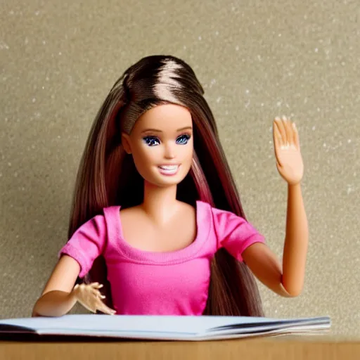 Image similar to a barbie doll with an exhausted!!!! expression sits at a desk with several large stacks of paper on it. her head is resting on her hand. golden hour, photorealistic,