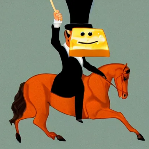 Prompt: cheese with a tophat riding a horse