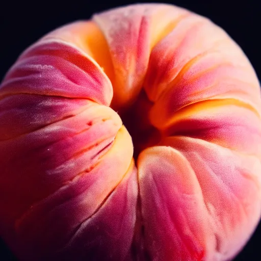 Image similar to a macro photo of a round peach's dry hairy skin, hyper realistic, hyper detailed, 35mm, very grainy film, pink volumetric studio lighting, bokeh, black background award winning shot, vogue magazine, cinematic, 8k, very closeup, elegant, tender, pastel