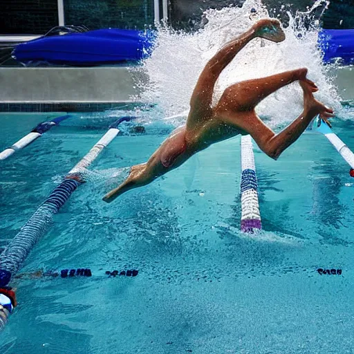 Prompt: swimmer getting out of the pool, dripping water, award - winning photograph