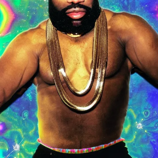 Image similar to a photograph of joe rogan as mr. t wearing many gold chains with a psychedelic dmt background