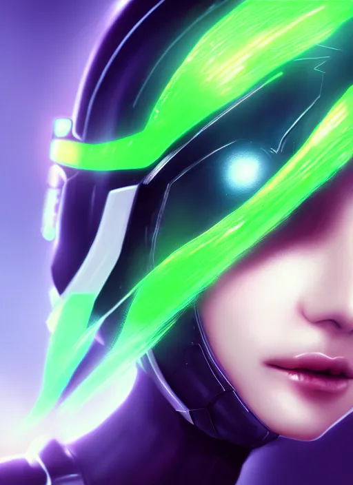 Image similar to detailed portrait of perfect neon green haired girl, android, warframe armor, beautiful, pretty face, yellow cyborg eyes, innocent, scifi, 4 k, sun yunjoo, ultra realistic, aura of light, cinematic lighting, highly detailed, sharp focus, artstation, masterpiece, art by hyungjin yang