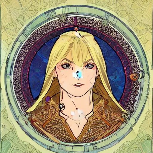 Image similar to young paladin woman, short blonde hair, plate chest armour, symmetrical portrait RPG avatar, by Mucha, intricate, 8k,