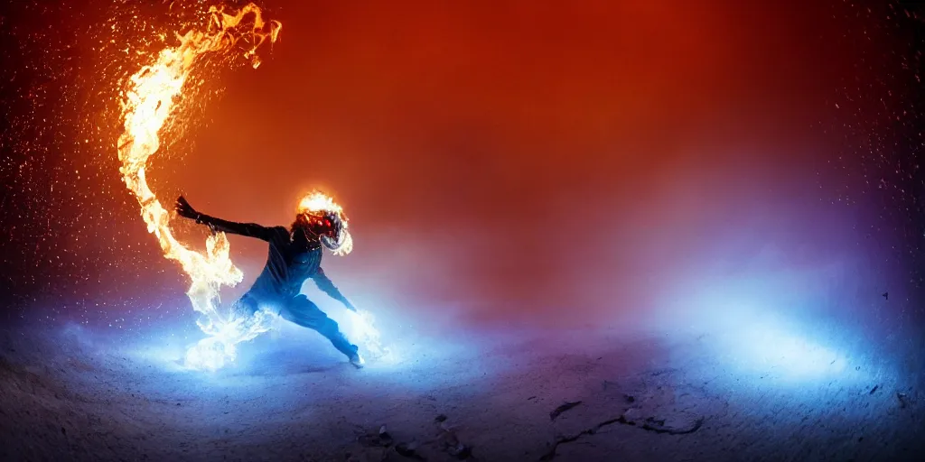 Image similar to music video fisheye slow motion with trail fire and smoke effect of futuristic break dancer wearing long dark cloak and golden helmet emitting fire and crystals, long exposure shot , enigmatic, at night on the surface of the moon, paddle of water, steam, fog, water splashes, rim lights, glossy reflections, water droplets on lens, octane render, Volumetric dynamic lighting, stunning cover magazine, high details, hajime sorayama