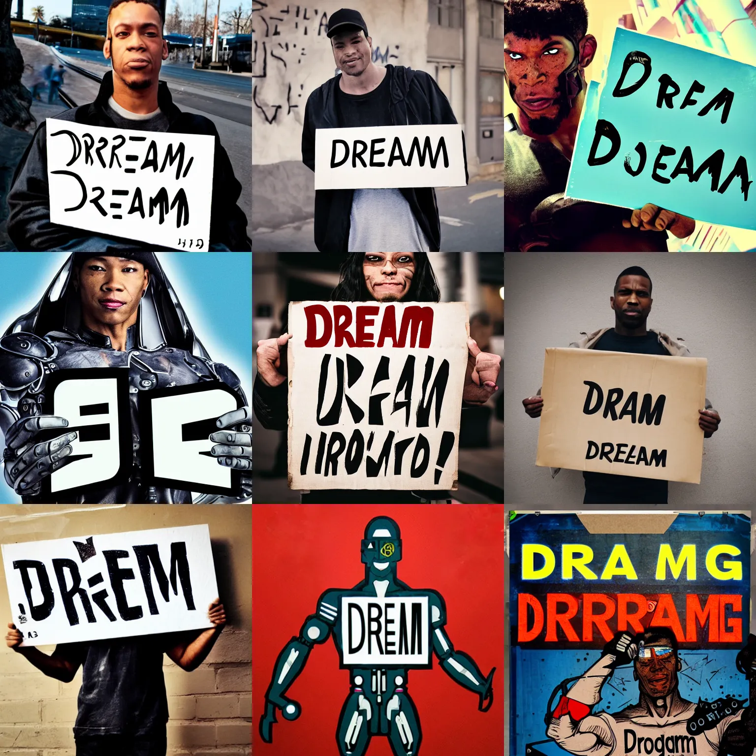Image similar to cyborg holding a sign with text that reads : dream