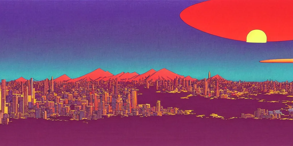 Image similar to skyline of a large metropolis, large mountain looming in the background, acid and dreaming psychedelic hallucinations, by kawase hasui, moebius and edward hopper, colorful flat surreal design, hd, 8 k, artstation