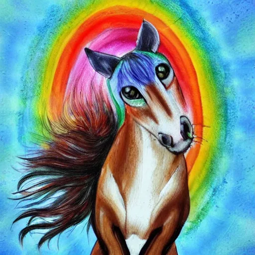 Prompt: a rainbow cat riding a horse