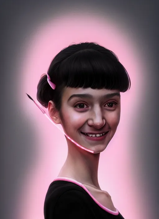 Image similar to portrait of high school girl, realistic, black hair, bangs, half updo hairstyle, pointy nose, skinny, smile, ugly, defined jawline, big chin, pink hair bow, earrings, intricate, elegant, glowing lights, highly detailed, digital painting, artstation, sharp focus, illustration, art by wlop, mars ravelo and greg rutkowski