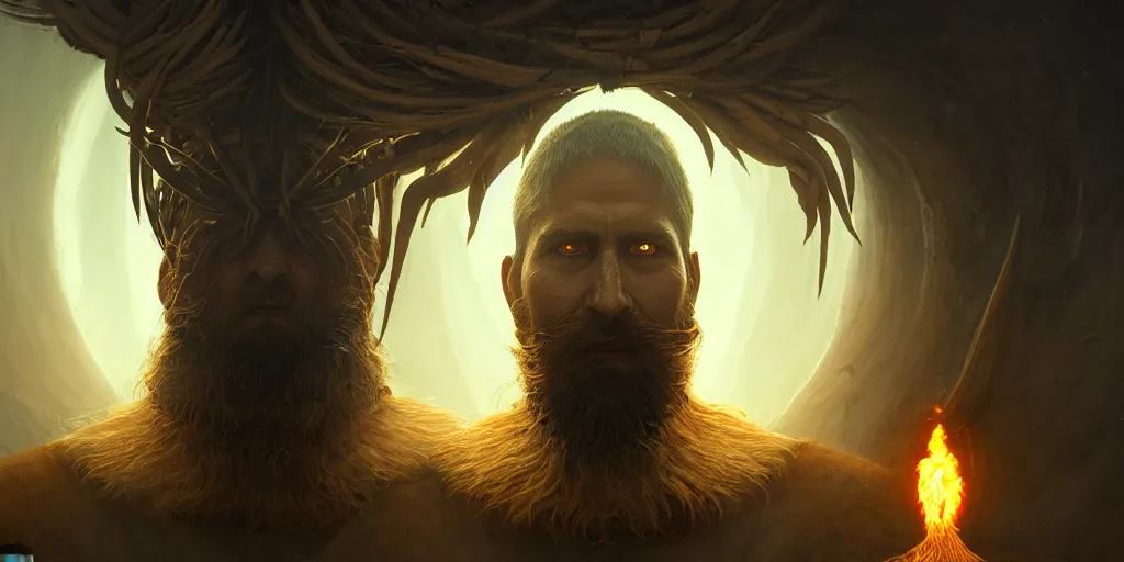 Image similar to beard shaman facing the inner demon, symmetrical forms, golden ratio, digital art, fantasy art, octane render, unreal engine, high detail, very realistic, by greg rutkowski. by james gurney