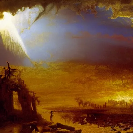 Image similar to Oil split in two, heaven and hell, by Albert Bierstadt, masterpiece, 4k