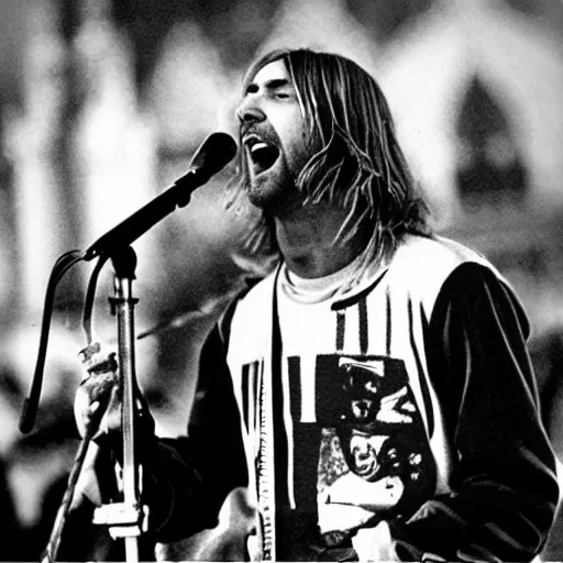 Image similar to “A colorful kodak film photo of Kurt Cobain roaring into microphone on a concert with Moscow kremlin in the background”