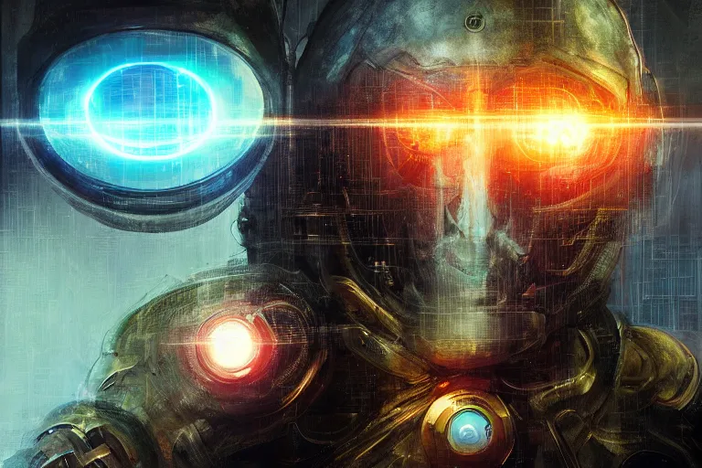 Image similar to portrait sci-fi art by Moebius and Ruan Jia and Michal Kus, a glowing alien neon orb floating above the hand of a soldier, solar flares, magnetic waves, futuristic environment, detailed and intricate environment, fractal holographic symbols, cyberpunk, neon color bioluminescence, gold and black metal, dramatic lighting, cinematic, high technology, highly detailed portrait, digital painting, artstation, concept art, smooth, sharp focus, ilustration, Artstation HQ
