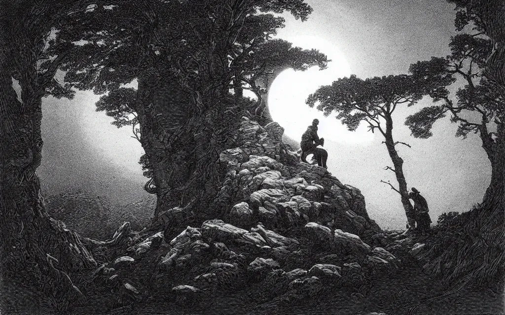 Prompt: an engraving of two men contemplating the moon on a rock in the forest by gustave dore, caspar david friedrich, ian miller, highly detailed, strong shadows, depth, lithograph engraving