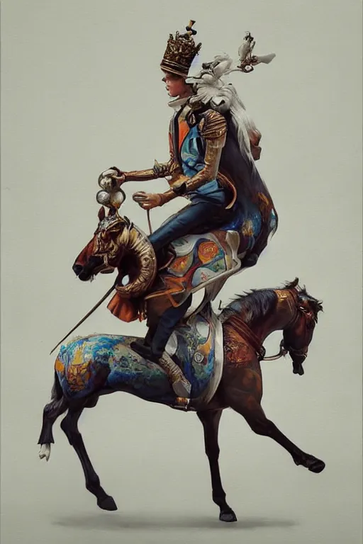 Image similar to a painting of magnus carlsen as king of chess sitting on a horse over a chess board, a surrealist painting by james jean, trending on cgsociety, pop surrealism, androgynous, grotesque, angular