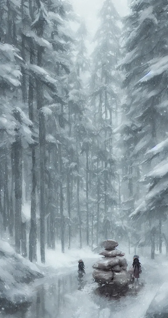 Prompt: A snowy day in the forest, , simple, by Studio Ghibli and Greg Rutkowski, artstation