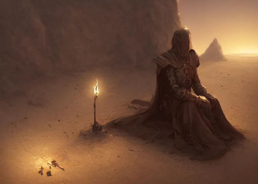 Prompt: Lonely knight praying sitting at lap, in desert, lit by the light of gods, abandoned by gods, hyperdetailed artstation cgsociety by greg rutkowski and by Gustave Dore